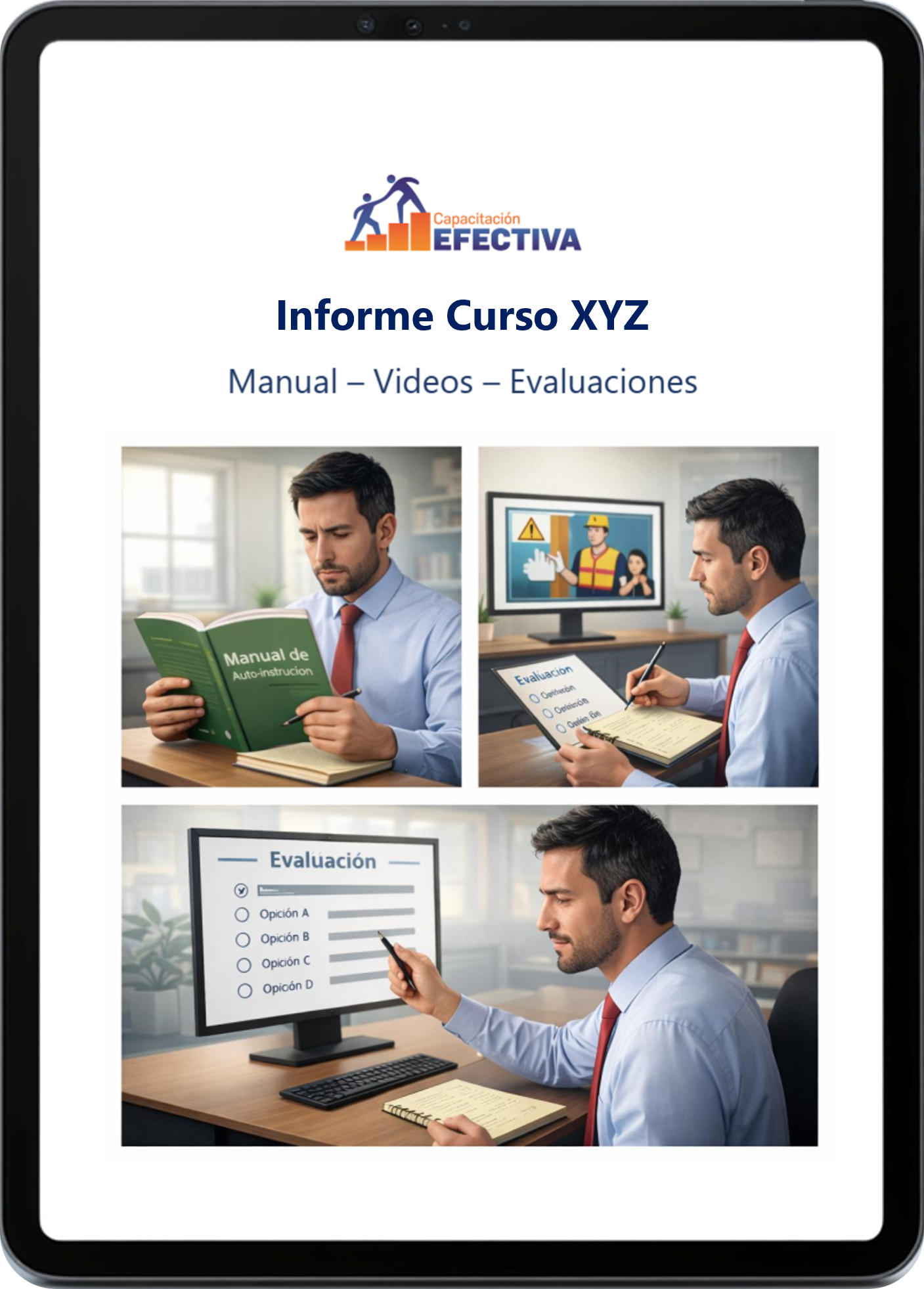 Mockup de informe de curso con revisión de manuales, videos y evaluaciones.