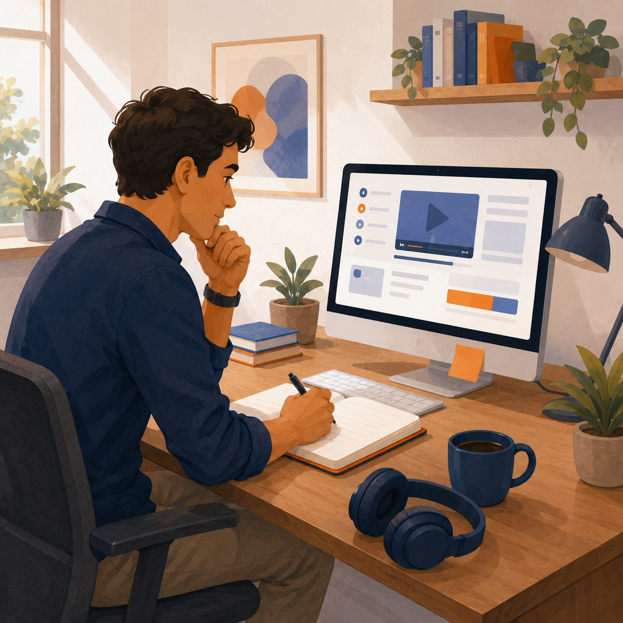 Persona aprendiendo sola frente al computador en modalidad e-learning asincrónico.