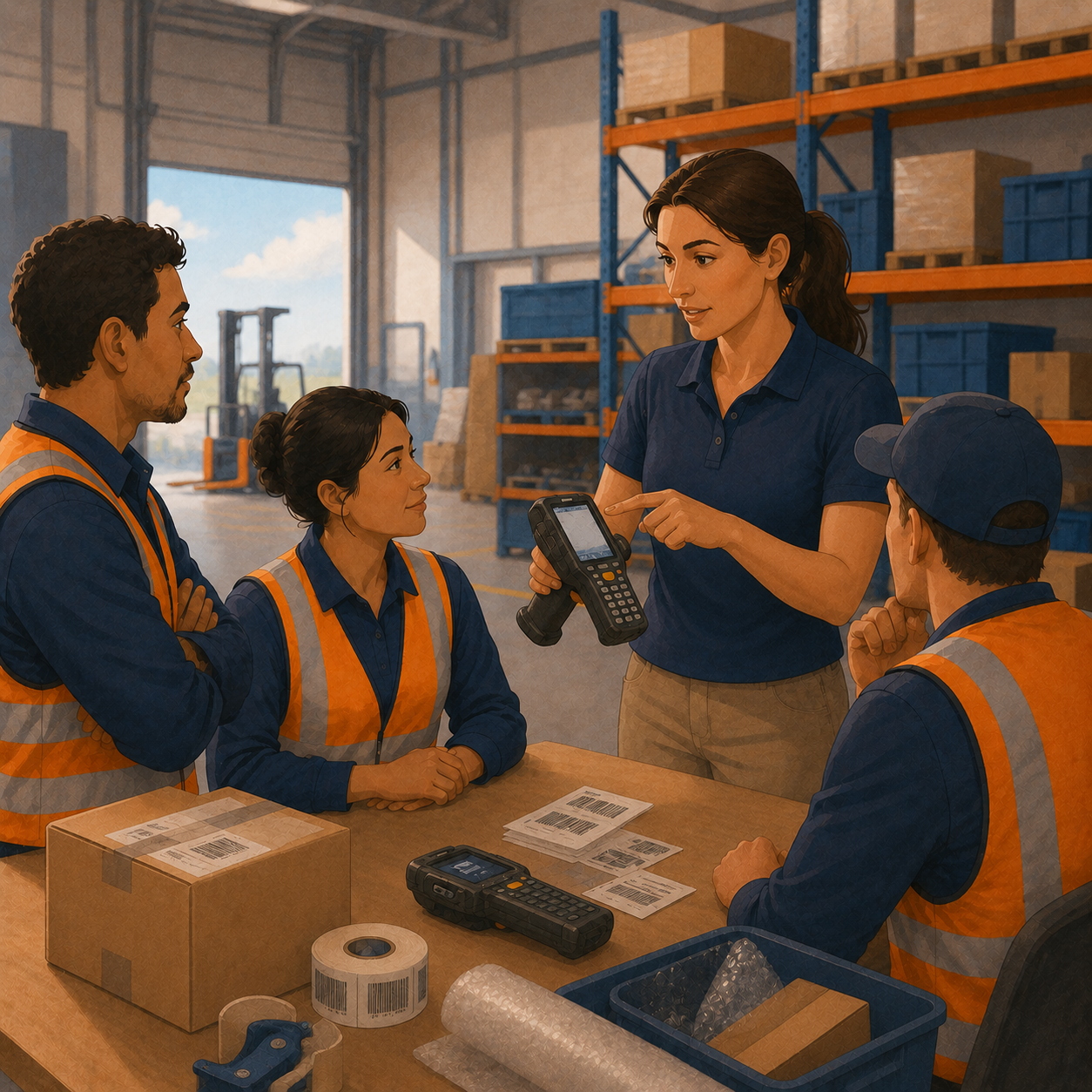 Facilitadora mostrando un dispositivo de picking a tres personas en una bodega durante una capacitación presencial.